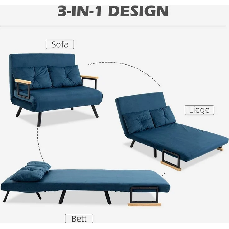 HOMCOM Schlafsofa Polystersofa mit Verstellbarer Rückenlehne und Rückenkissen, Polstersofa 1 Teile, mit Verstellbarer Rückenlehne, Blau, 102 x 73 x 81 cm – Bild 4