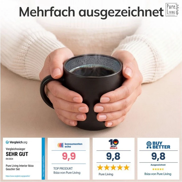 Steingut kleine Kaffeetassen 6 Pers. Ibiza Hochwertiges Mediterranes TEST SEHR GUT Tassen Set, Spülmaschinen-, Mikrowellen- und Kratzfest - Stylisches Tee- und Kaffeebecher Set - Pure Living in Grau – Bild 3
