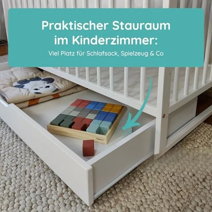 Kids Collective Babybett Kinderbett Gitterbett 60x120 cm Set mit Matratze & Schublade, höhenverstellbarer Lattenrost & abnehmbare Sprossen, weiß, Vollholz – Bild 4