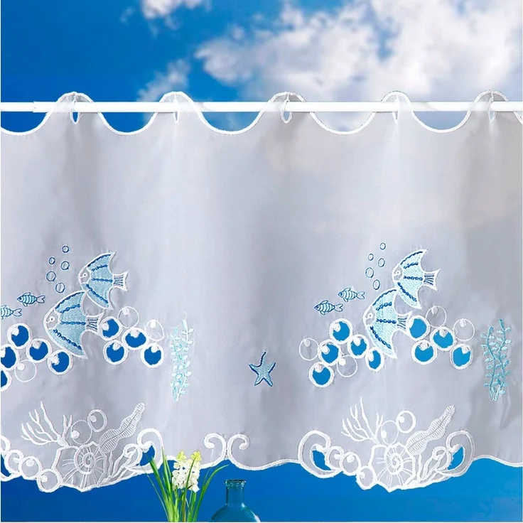 heimtexland Scheibengardine Badezimmer Deko Gardine maritim bestickt 45x112 cm (1 St), Ösen, transparent, Voile, Bistrogardine I farbige Stickerei I Fensterdeko Fisch – Bild 5