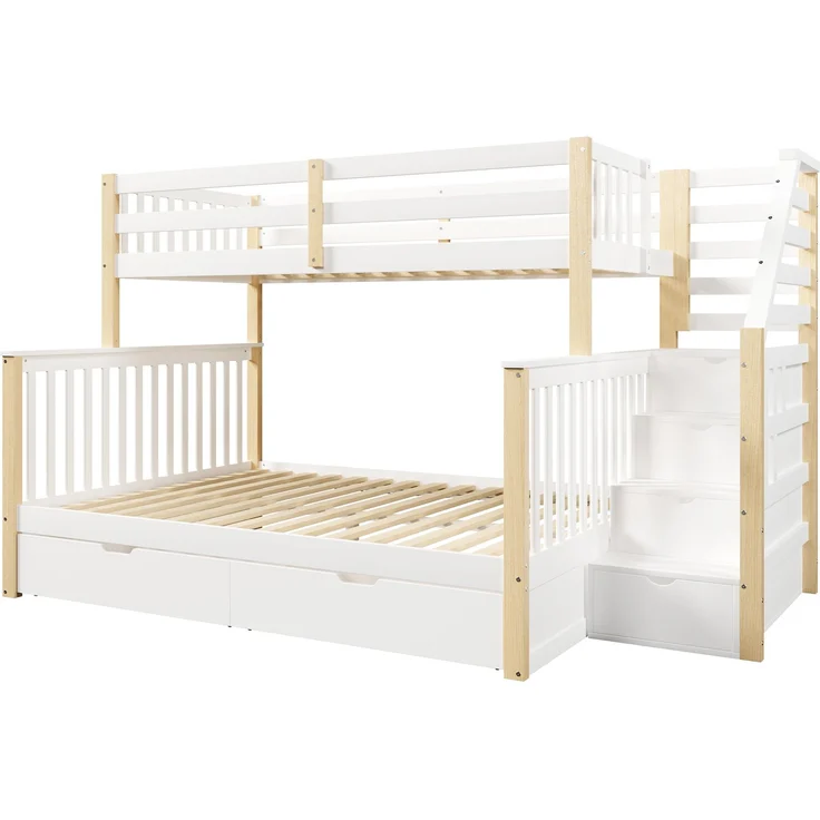 Merax Etagenbett, Hochbett, 90 x 200cm & 140 x 200cm mit Schubladen, Stauraum, ohne Matratze, multifunktional, Weiß+Natur – Bild 8