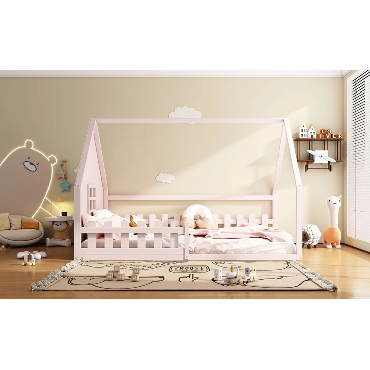 Bett 140x200 cm mit Hausleiste und Geländer aus Kiefer in Rosa – kindliches Design für kreative Schlafzimmer – Bild 5