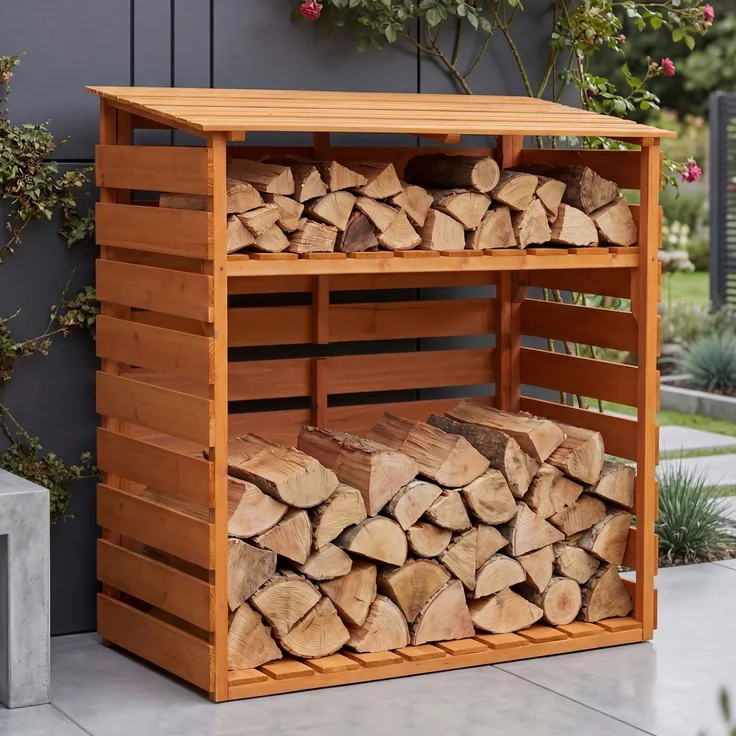 Brennholzlager HWC-Q16, Kamin-/Feuerholzregal Holzlager Holzunterstand, Ablage Holz Tanne FSC® 121x122x61cm ~ natur