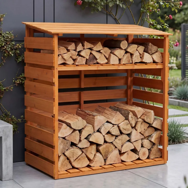 Brennholzlager HWC-Q16, Kamin-/Feuerholzregal Holzlager Holzunterstand, Ablage Holz Tanne FSC® 121x122x61cm ~ natur – Bild 1