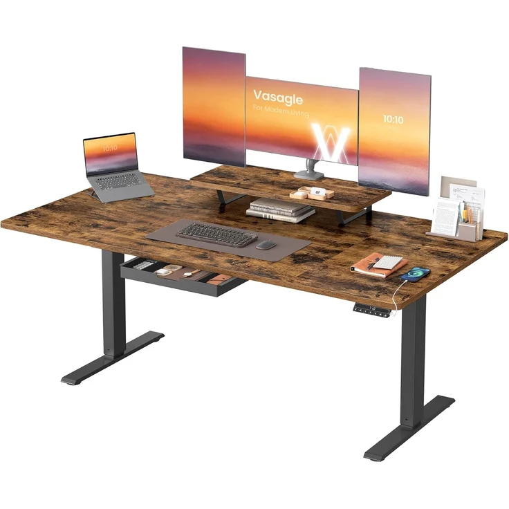 VASAGLE Höhenverstellbarer Schreibtisch, 160x80 cm, flexibel montierbarer Monitorständer, Schublade, USB-C-Anschluss, Erinnerung bei langem Sitzen, für Büro, vintagebraun LSD156KD01
