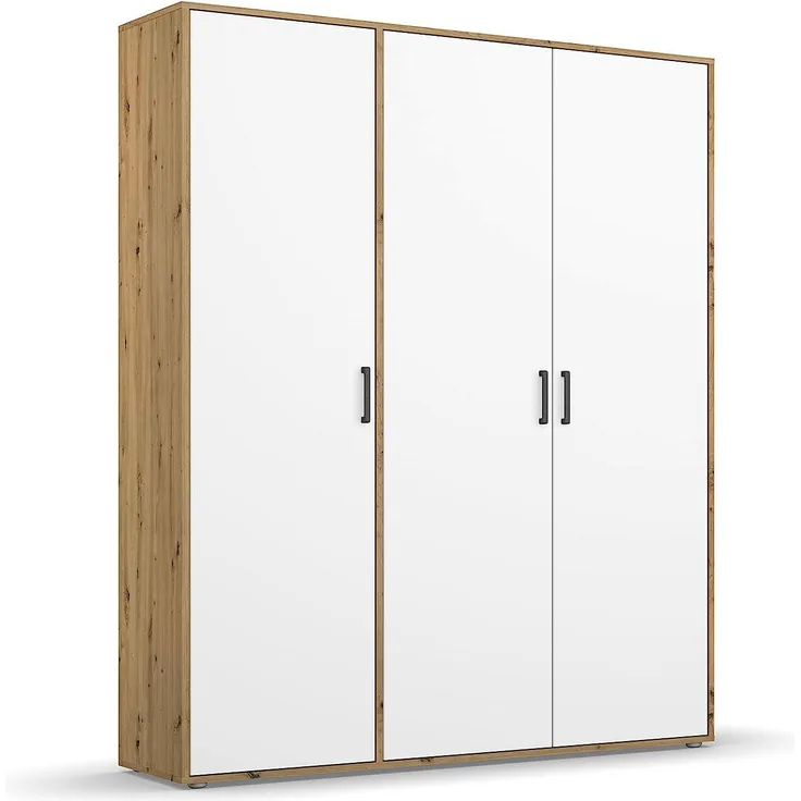 Rauch Möbel Voyager Schrank Kleiderschrank Drehtürenschrank, Alpinweiß/Eiche Artisan, 3-türig, inkl. 1 Kleiderstange, 4 Einlegeböden BxHxT 140x194x53 cm