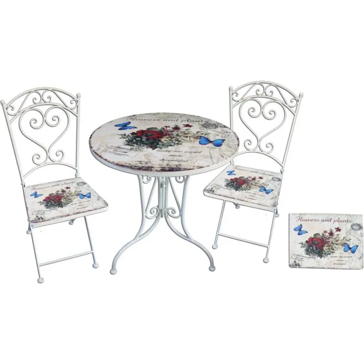 Bistro-Set, Floral 3-Tlg. aus Stahl, in altweiß mit Motiv