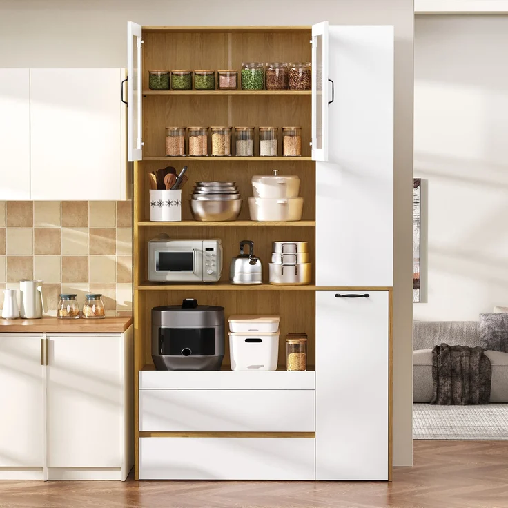 Merax Highboard mit verstellbaren Regalböden und Schubladen, Buffetschrank mit ausziehbaren Regalböden und Riffelglas(Weiß+Natur) – Bild 3