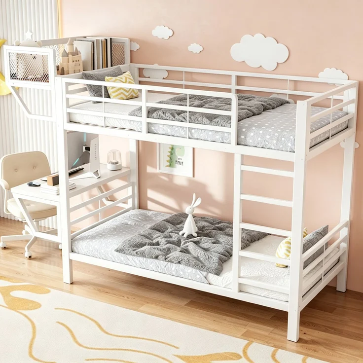 ZUBALIYA Metall-Etagenbett (90 x 200 cm) mit Schreibtisch und Ablagefächern, Lattenrost, platzsparendes Hochbett für Kinder, Jugendliche und Erwachsene, Weiß – Bild 4