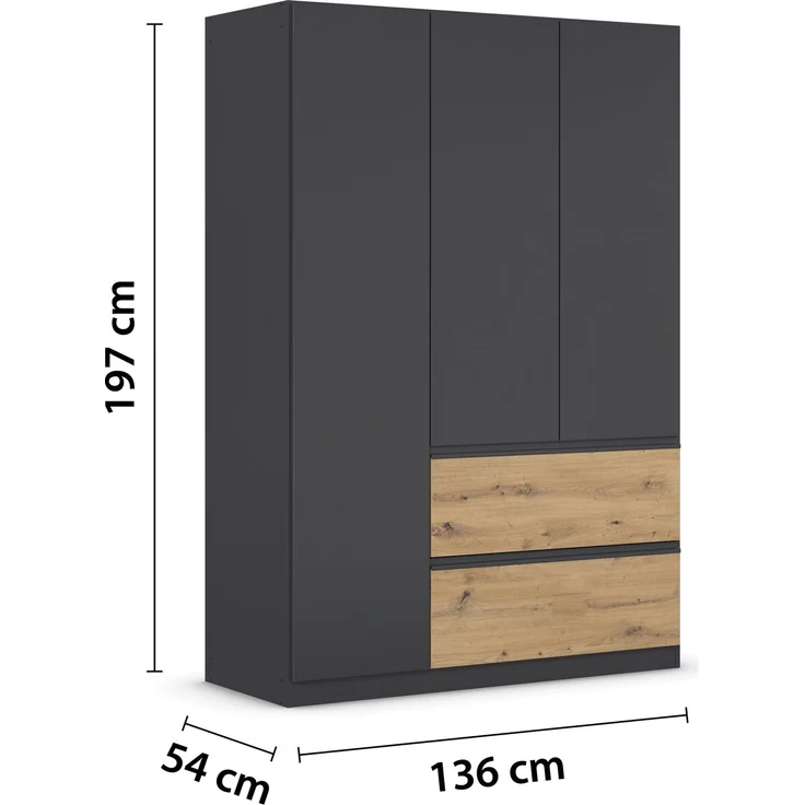 rauch Kleiderschrank, Drehtürenschrank COSTA, 3-türig, 2 Schubkästen, push-to-open, Grau metallic, 136 x 197 x 54 cm – Bild 4