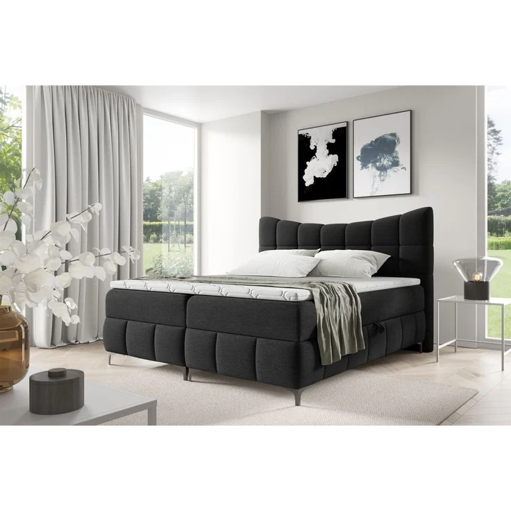 Boxspringbett Schlafzimmerbett CHARLES 200x200cm Stoff Aragon Schwarz – Bild 1