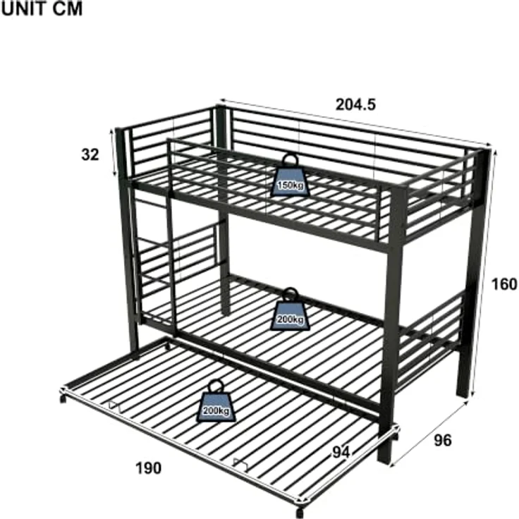 FAVSH Etagenbett 90x200 cm aus Metall, Hochbett mit Rausfallschutz und Leiter, Geräuscharmes Doppelbett, rutschfest, für Jugendliche und Erwachsene, WG & Ferienwohnung, Schwarz D – Bild 2