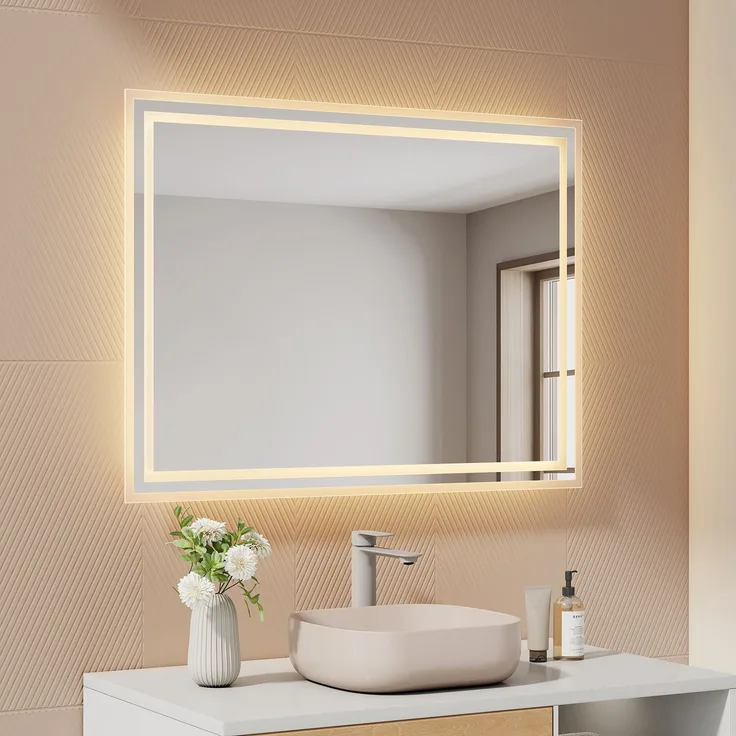 EMKE Badspiegel mit Beleuchtung LED Warmweißes Licht, 80x60cm, IP44 Wasserdicht Wandspiegel
