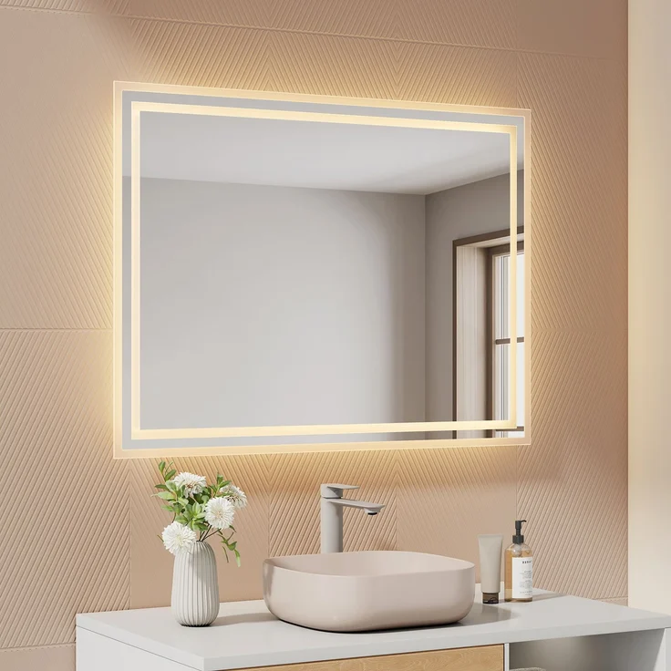 EMKE Badspiegel mit Beleuchtung LED Warmweißes Licht, 80x60cm, IP44 Wasserdicht Wandspiegel – Bild 1