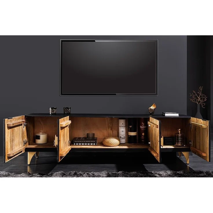 riess-ambiente Lowboard GOLDEN SUNSET 180cm schwarz gold (Einzelartikel, 1 St), Mango-Massivholz · Metall · TV-Schrank · 3D Front-Design · Wohnzimmer – Bild 2