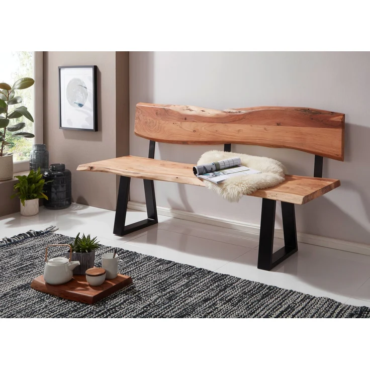Esszimmerbank GAYA 160cm Akazie Massivholz Baumkante Landhausstil mit Lehne – Bild 3