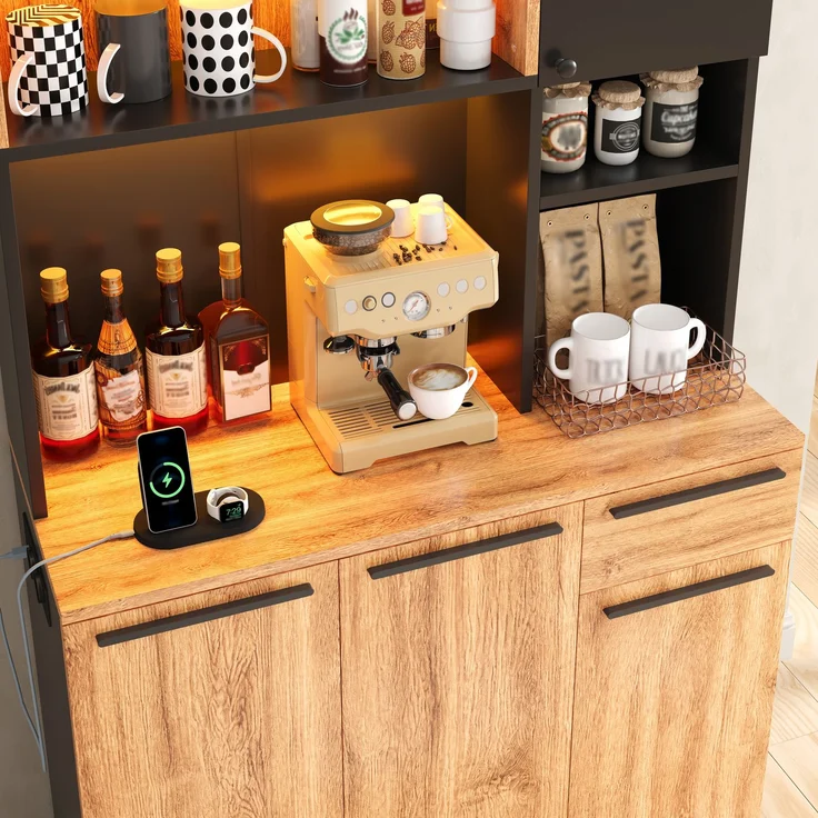 ZUBALIYA Buffetschrank 100x40x180 cm, mit LED-Beleuchtung, mit Steckdosen, mit 6 Türen, aus MDF, Natur – Bild 9