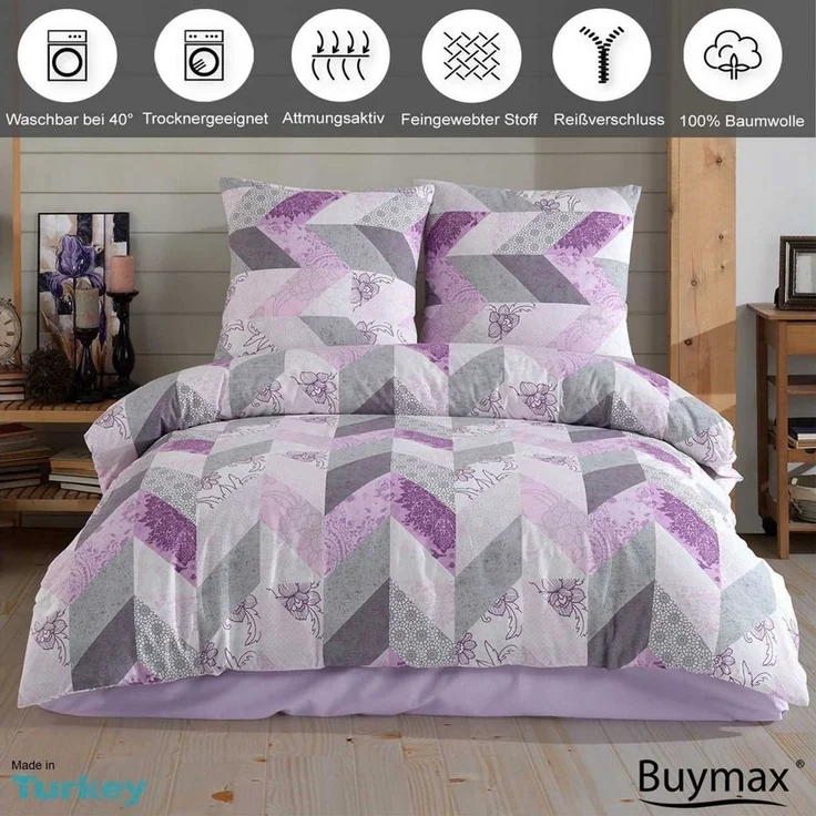 Buymax Bettwäsche Eldora, Renforcé: 100% Baumwolle, 2 teilig, 155x220 cm Kissenbezug 80x80, Reißverschluss Bettwäsche-Set, Lila Grau