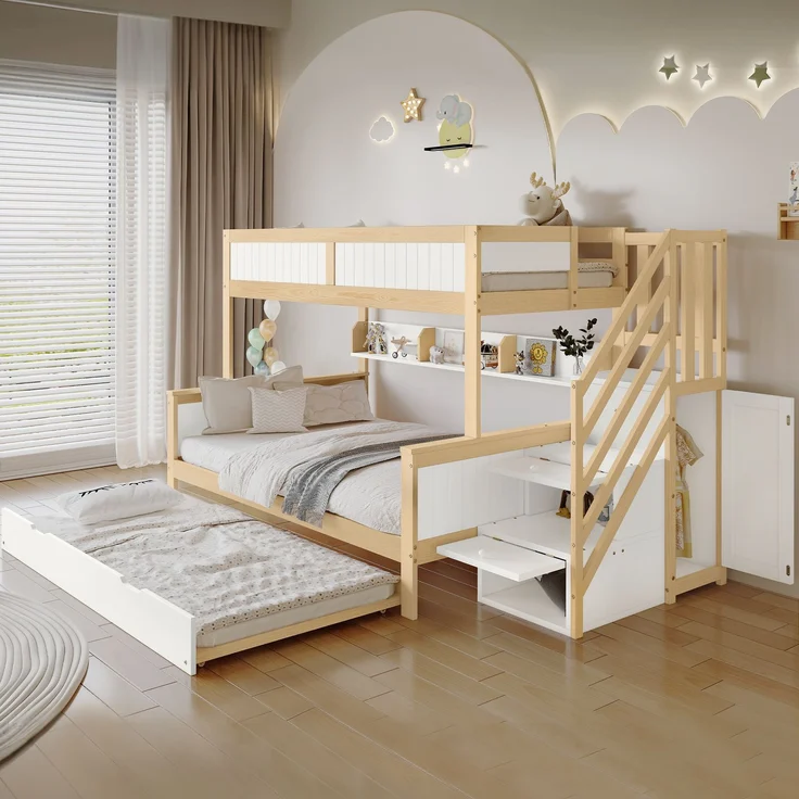 Merax 90x200&120*200cm Etagenbett, Kinderbett, mit Fallschutz und Gitter, Entworfen mit drei Bettpositionen, mit Rollbett, mit Kleiderschrank, Ecktreppe, Kiefer+MDF, Weiß+Natur – Bild 2