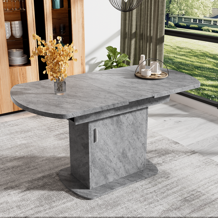 Ausziehbarer ovaler Esstisch, L110/130*W70*H75cm,Esstisch mit Stauraum, Kaffee-Freizeittisch, moderner minimalistischer Esstisch, platzsparender multifunktionaler Esstisch, Betonoptik+silberner Griff – Bild 2