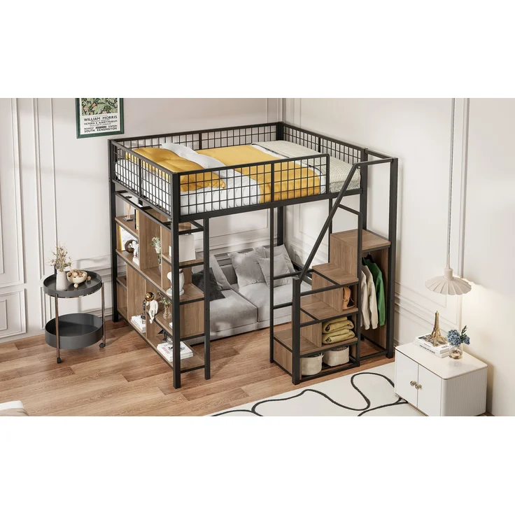 EINHOM Multifunktionales Hochbett 140 x 200 cm, Metallbett mit Stauraum, Ablageflächen und Treppe, Erwachsenenbett und Kinderbett, Schwarz (Ohne Matratze) – Bild 5
