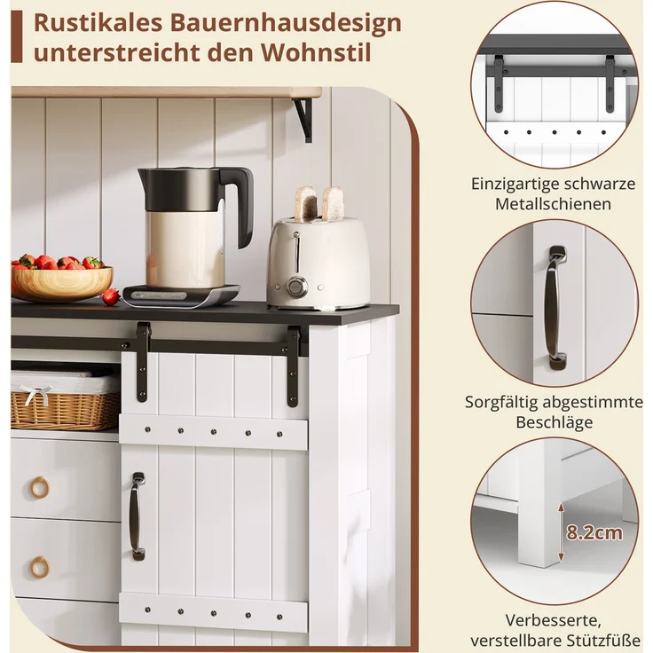 Merax 120 cm Buffetschrank mit Stauraum, Seitenschrank mit Schiebetüren und 3 Schubladen, rustikaler Holz-Kaffeebar-Buffettisch, weiß – Bild 5