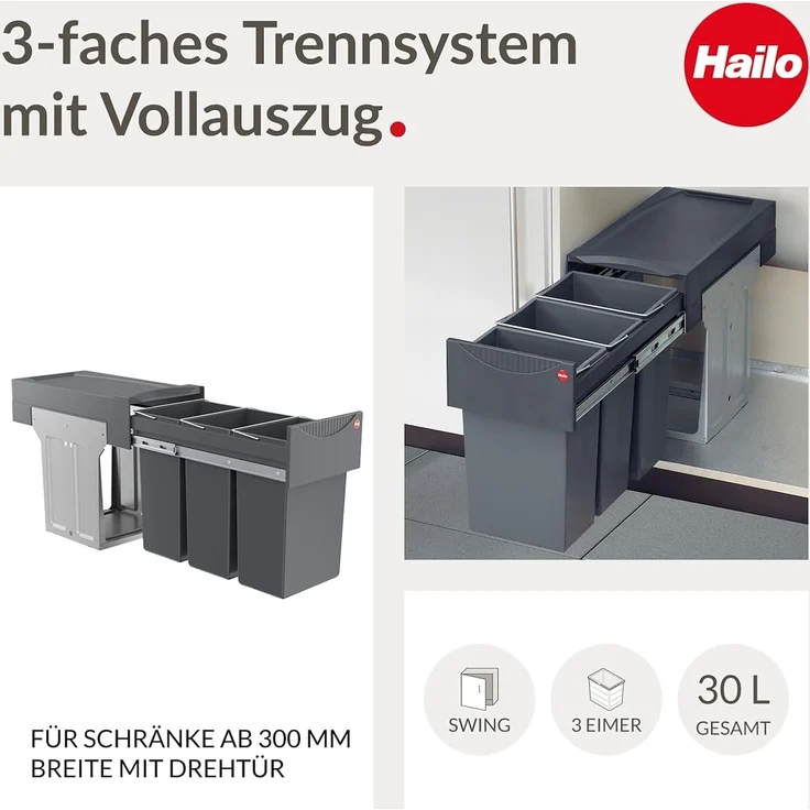 Hailo 'Swing Terzett' Einbaumülleimer für Schränke ab 300 mm Breite mit Drehtür, 30 (3x10) Liter, Graphit – Bild 2