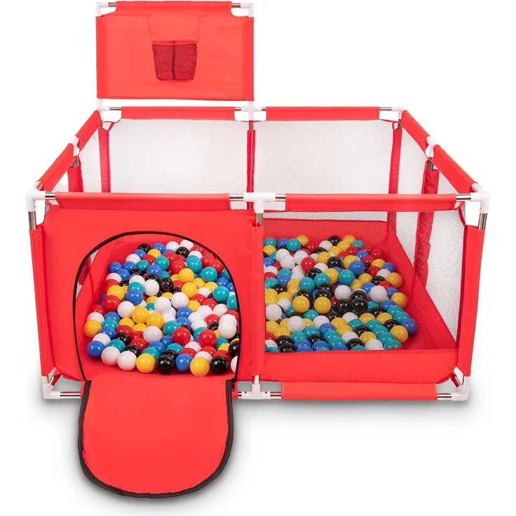 Selonis Laufstall Mit Korb Und 100 Bälle Laufgitter Für Kinder, Rot:Schwarz/Weiß/Blau/Rot/Gelb/Türkis