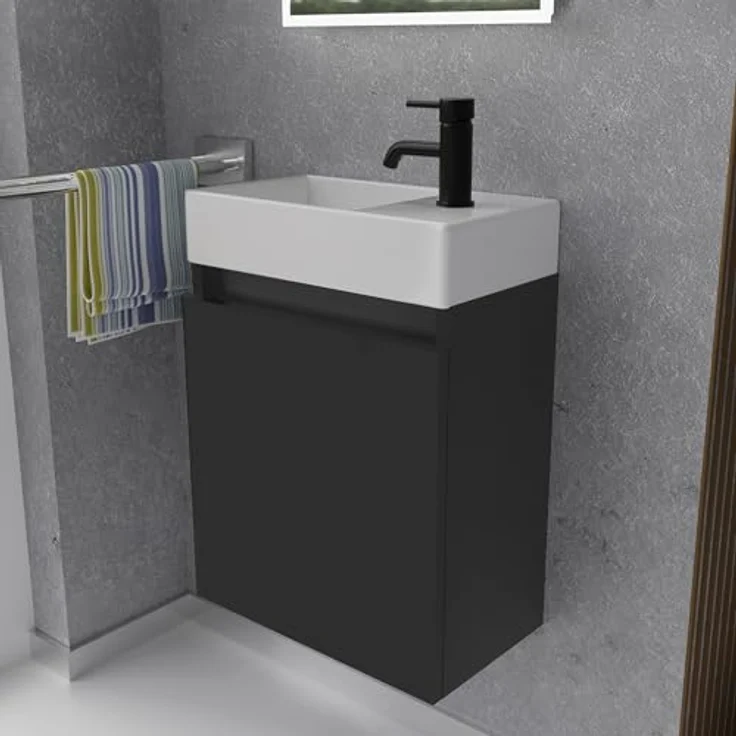 Alpenberger Badmöbel-Set Gäste WC Waschbecken mit Unterschrank - Badschrank Hängend, (2-tlg. Waschtisch Set Schwarz Matt, Waschbeckenunterschrank mit Softclose), Waschplätze für Kleine Bäder - Badschrank Hängend und Vormontiert – Bild 2