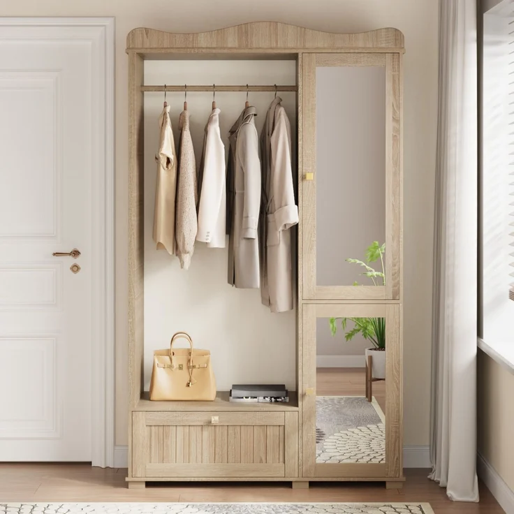 Garderobenschrank mit Spiegel & Offener Kleiderständer – ,Kompaktgarderobe,Praktische Aufbewahrung mit Schublade & 2 Türen, Ideal für Schlafzimmer & Flur--Eiche--115.5x38.5x194.5cm--YOUDENOVA – Bild 6