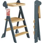 COSYLAND Lernturm ab 1 Jahr klappbar – iF Design Award Gewinner, höhenverstellbarer Lernturm mit Sicherheitsnetz, Montessori Learning Tower/Lernstuhl für Kinder, Holz (Schieferblau & Natur)