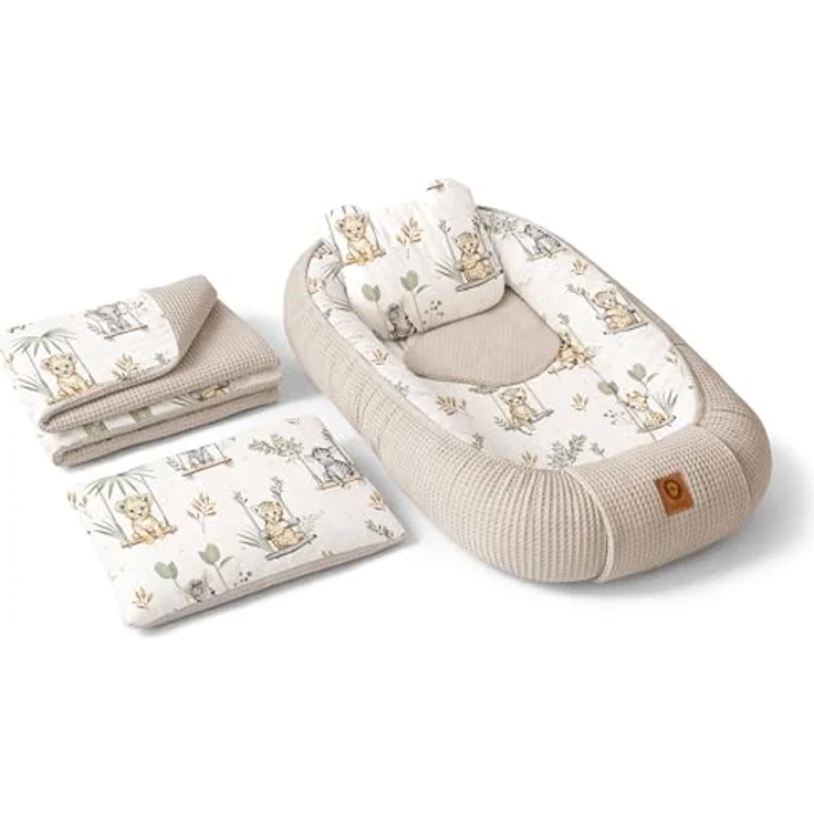 Babynest Nestchen Baby Set für Neugeborene – 5-teilig – Kuschelnest aus 100% Baumwolle & Waffelpique – Babykokon tragbar – für Babybett, Kinderbett & Kinderwagen – OEKO-TEX - Schaukeln und Sand – Bild 1