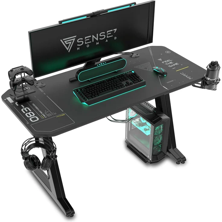 SENSE7 Schreibtisch Nomad Cybernetic, Gaming Tisch 100x50, PC Tisch mit Kopfhörerhaken, Getränkehalter, Controller Halter, Gaming Computertisch mit Kohlefaseroberfläche, Ergonomischer Gaming Desk – Bild 1