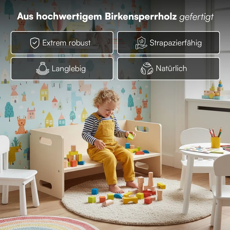 Bellabino 'Aki' 2in1 Wendebank und Tisch, natur unbehandelt, Birke Sperrholz, 3 Sitzhöhenstufen – Bild 5