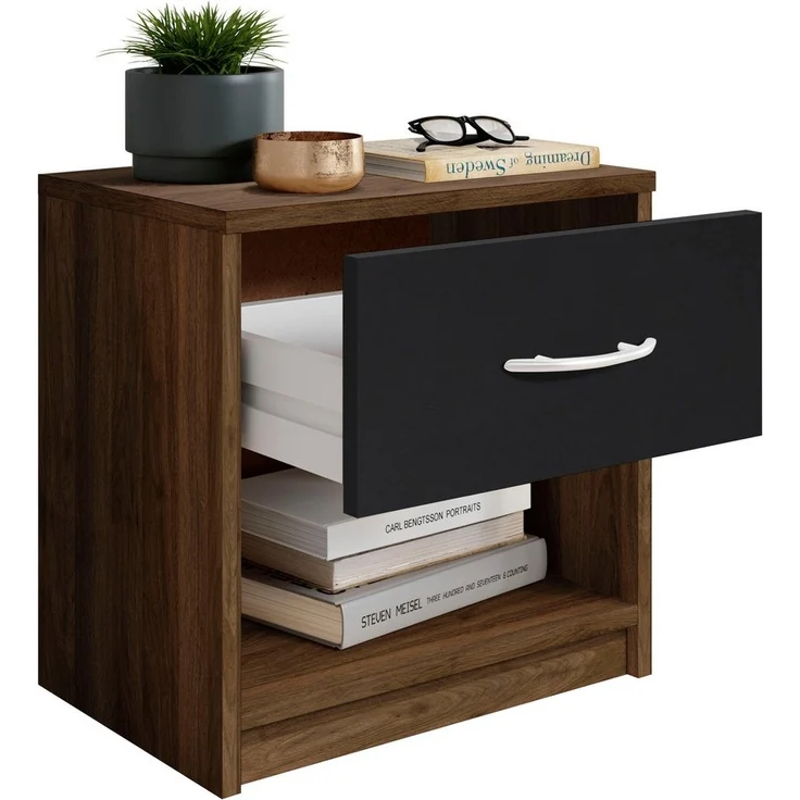 Stella Trading PEPE Nachttisch in Columbia Nussbaum Optik, Schwarz - Schlichter Nachtschrank mit einer Schublade passend zu jedem Bett & Schlafzimmer - 39 x 41 x 28 cm (B/H/T) – Bild 3