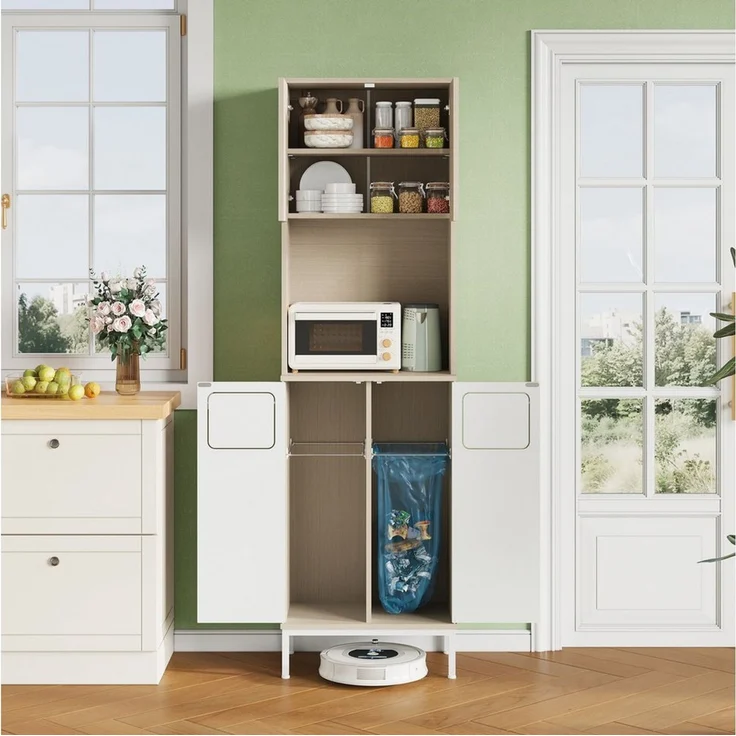 MODFU Küchenbuffet Integriertes Mikrowellenfach & Mülltrennung, verstellbare Böden (Packung, 1-St, 181 cm hoher Müllsammelschrank in Weiß/Holzoptik, 53x35 cm) Vielseitiger Vorratsschrank für Haushaltsgeräte & Abfallsysteme – Bild 3