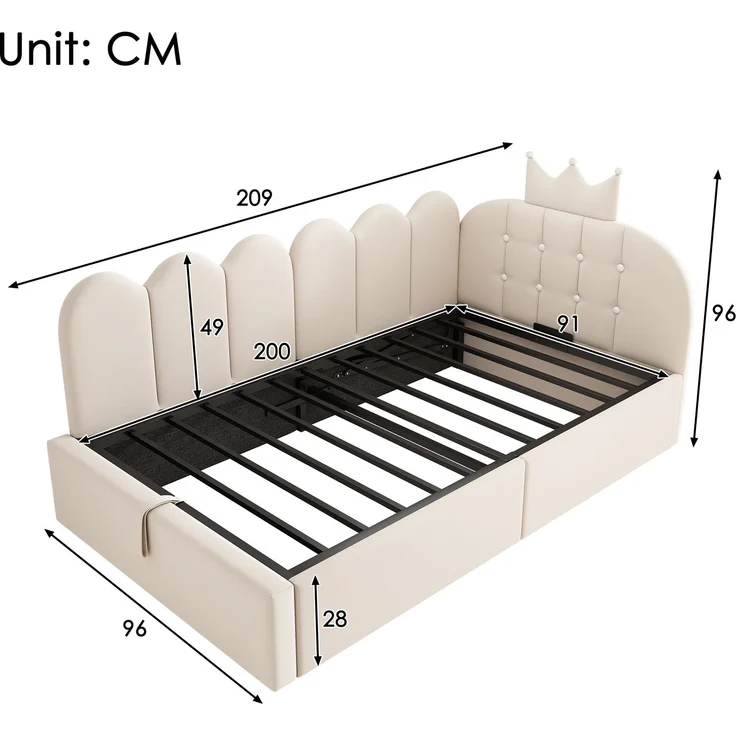 Merax Einzelbett, 90x200 cm Polsterbett, Daybett, Tagesbett-Schlafsofa mit Stauraum (hydraulisch), Gästebett L-Form Samt, Beige – Bild 4