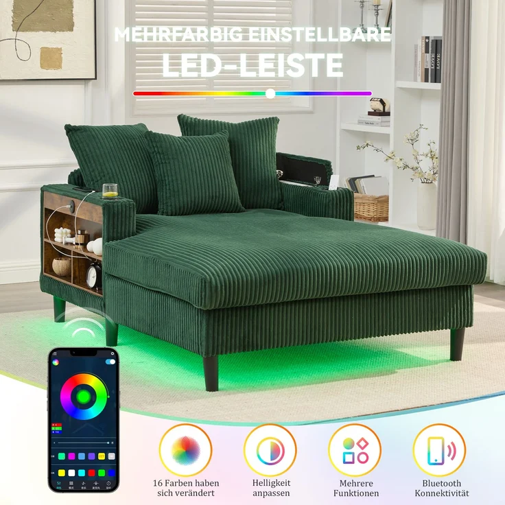 LVHOM Schlafsofa mit LED & USB, Chaiselongue mit Becherhalter & Stauraum, großes Einzelsofa bis 300kg belastbar, inkl. 3 Kissen, 129x170cm, Grün – Bild 5
