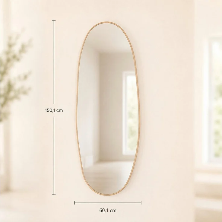 Kubus Wandspiegel Mina Organischer Design-Spiegel Aluminium Holzoptik 60x150 cm, gehärtetes Spiegelglas, rückseitige Sicherheitsfolie – Bild 2