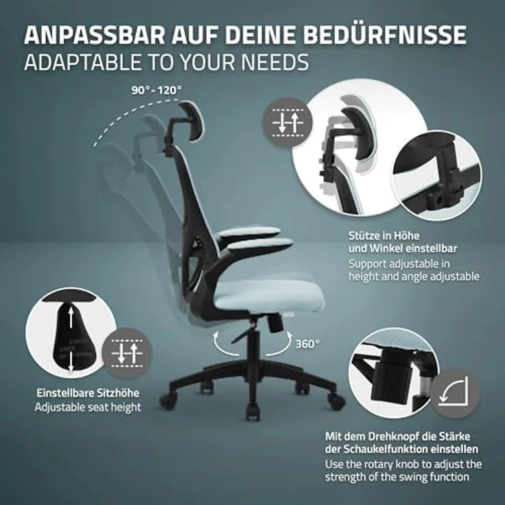 ML-DESIGN Bürostuhl Schreibtischstuhl ergonomisch mit verstellbarer Kopfstütze, Armlehnen, Drehstuhl mit Rollen Blau Computerstuhl Chefsessel Gaming-Stuhl – Bild 7