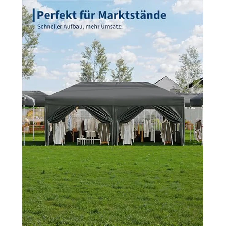 Faltpavillon 3x6 m wasserdicht stabil mit 6 Seitenwänden – Pop up Pavillon faltbar aus 420D Oxford, UV-Schutz 50+, 3-Fach höhenverstellbar, Partyzelt mit Tragetasche für Garten & Outdoor Grau – Bild 9