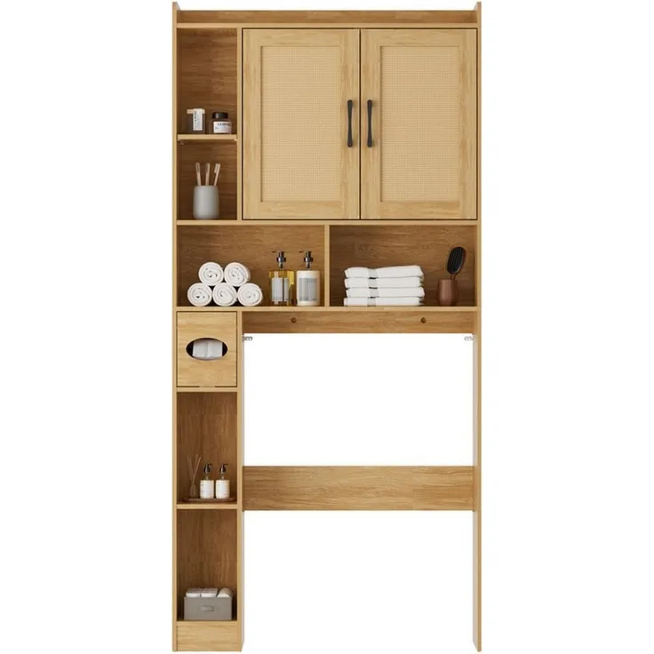 FiveWillowise Badkommode Badezimmerregal mit Schrank - 82x20x172 cm (1 St), Eiche Rattan, Toilettenschrank mit Türen & Regalen