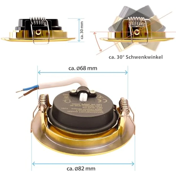 Maxkomfort K O M F O R T 6x LED Einbaustrahler Ultraflach 5W Gold, schwenkbar, warmweiß, 230V, 30mm hoch, 360 Lumen, langlebig – Bild 4