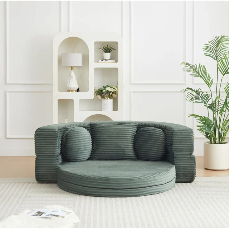 Schlafsofa aus Cord, 4-in-1 umbaubar zum runden Tagesbett, 180x183x55 cm, Grün – Bild 3