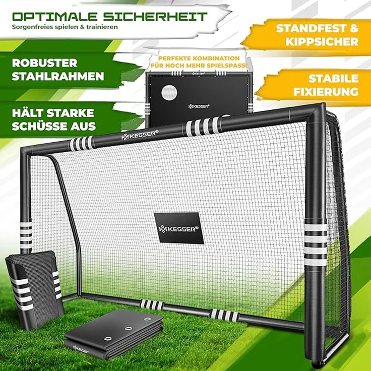 KESSER® Fußballtor, Outdoor Schusstraining, mit Torwand, UV-beständiges Netz, Stahlrahmen mit Polsterung, Erdhaken, Luftpumpe, Montagezubehör für Kinder und Erwachsene, Schwarz, 240cm – Bild 3