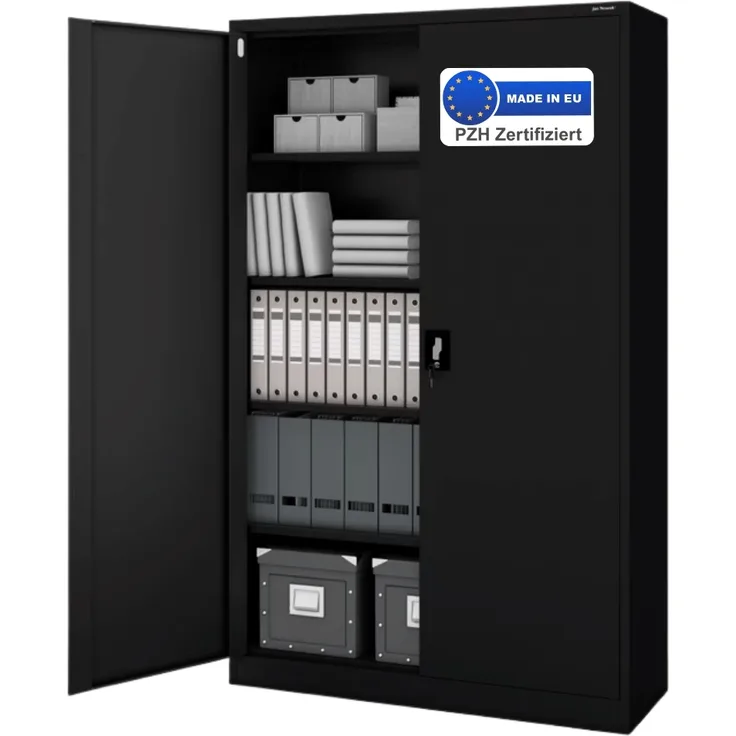 Aktenschrank abschließbar KADO - 5 Ebenen verstellbar, Flügeltüren | Metallschrank Werkstatt Mehrzweckschrank Büroschrank aus Stahl Werkzeugschrank, 185x115x40cm Schwarz