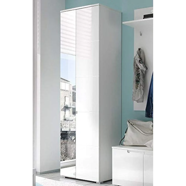 moebel-dich-auf Garderoben-Set SLICE, (Komplett-Set, 5-St, Garderobenschrank + Paneel + Bank + Spiegel + Schuhkommode), Front MDF weiß Hochglanz – Bild 2