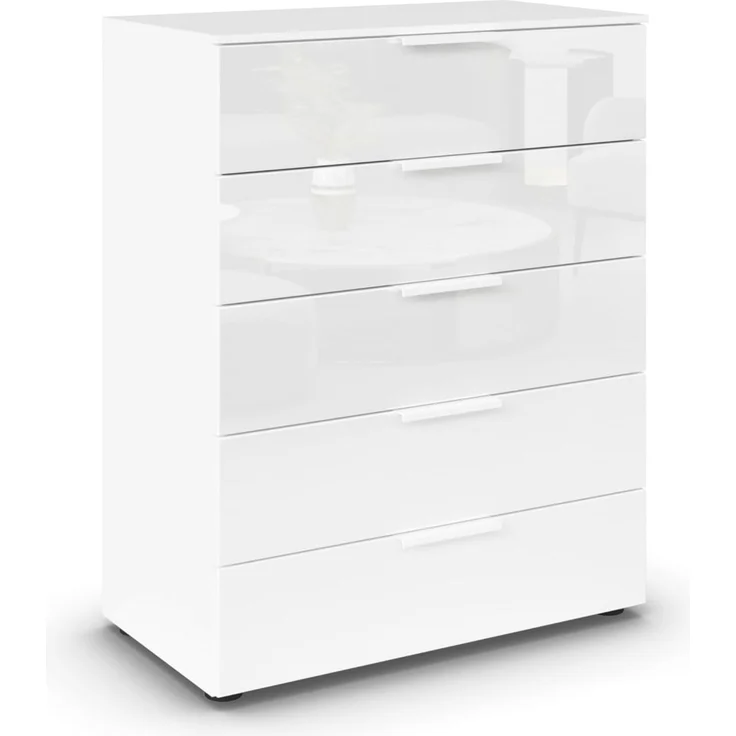 Rauch Möbel Flipp, Hochkommode mit viel Stauraum für Flur, Wohnzimmer, Schlafzimmer, Alpinweiß/Glasfront Weiß, 5 Schubkästen, Griffe weiß, 80 x 100 x 42 cm
