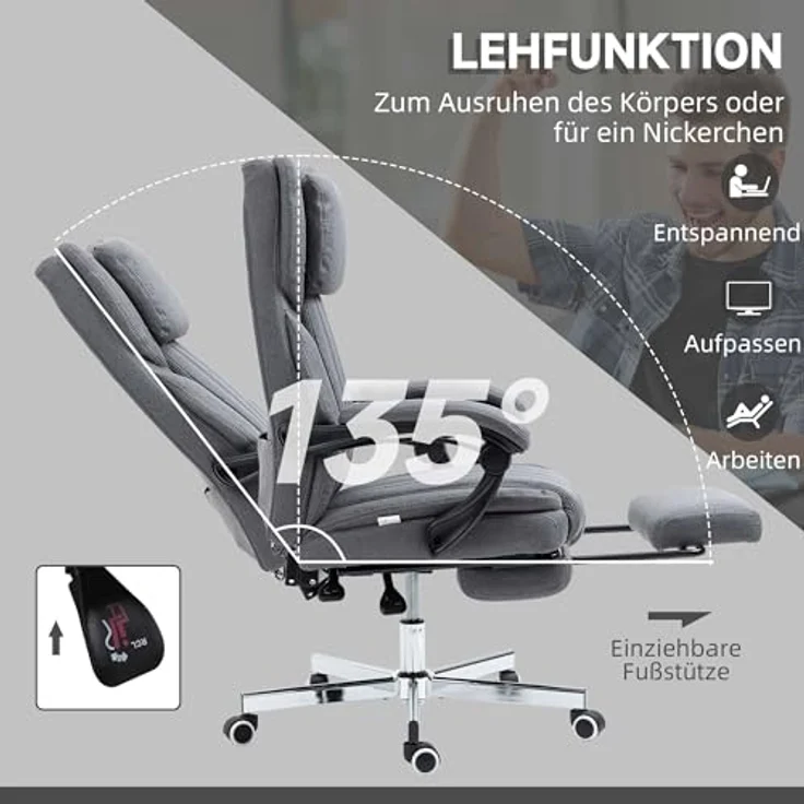 Vinsetto Bürostuhl mit Massagefunktion, Höhenverstellbar, Leinenoptik mit ausziehbarer Fußstütze und hoher Rückenlehne – Bild 6
