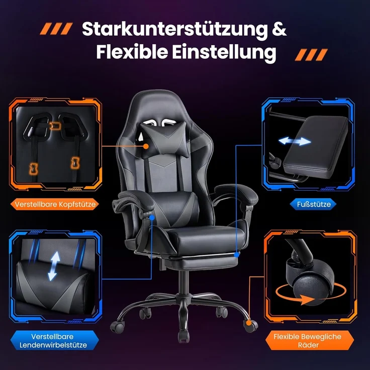 Sweetcrispy Gaming Stuhl, Gaming Chair mit Fußstütze Kopfstütze Lendenwirbelstütze, Ergonomischer PC Stuhl, Höhenverstellbarer Bürostuhl Computerstuhl, Gamer Stuhl, Drehbarer Schreibtischstuhl, Grau – Bild 4